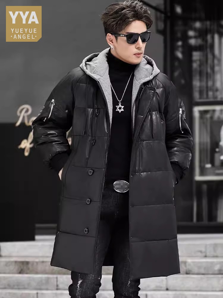 Leather Work Hat - Winter New Men Hooded Long Genuine