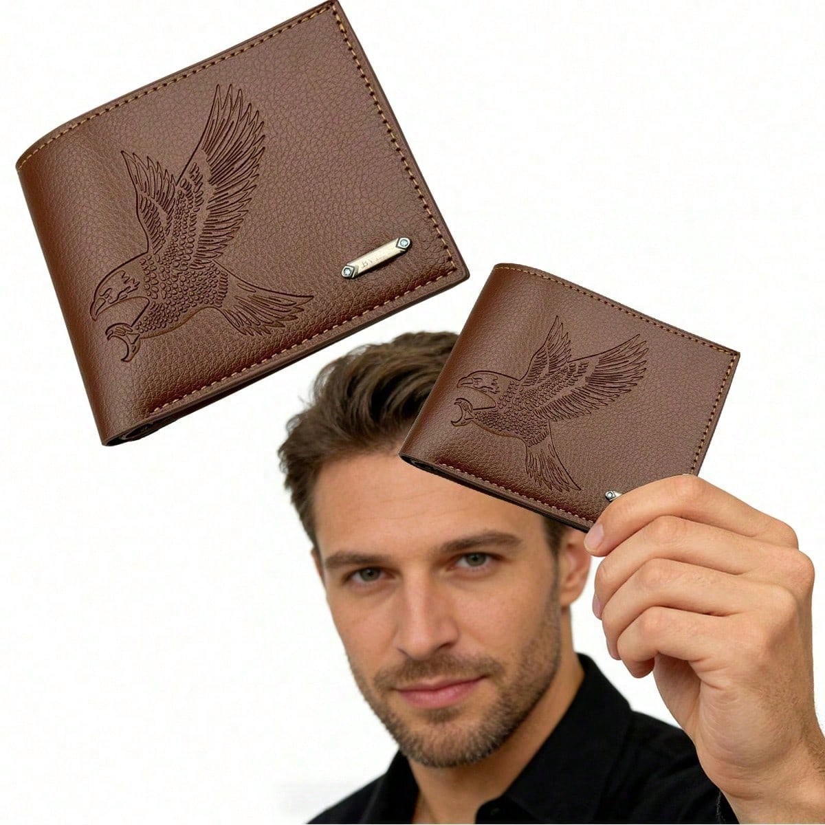 Leatherwork Embossing - Men's Vintage Eagle-Embossed Short Wallet, Business