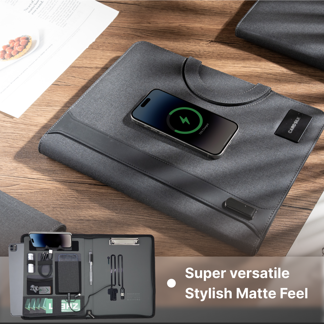 Leather Work Folder - Leather Padfolio with Wireless Charging, Hidden