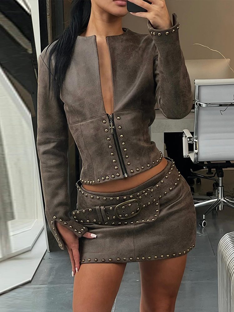 Y2k Leather Skirt Set Women Ri - Leatherwork Belt review and price